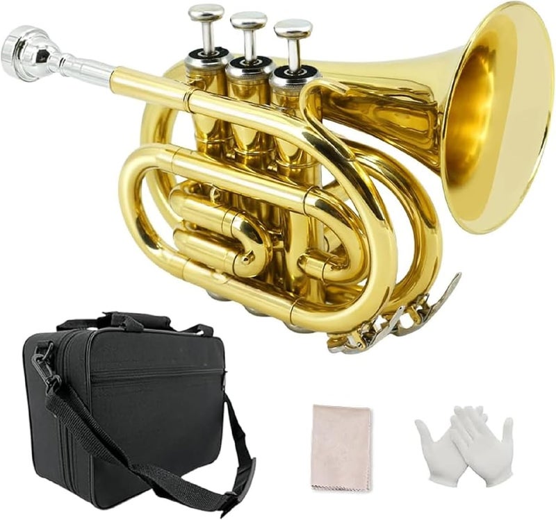 YoungMonic Pocket Trumpet Bb Flat Brass Trumpet for Beginner Student with 7C Mouthpiece Carrying Hard Case Cleaning Cloth Gloves - Image 1
